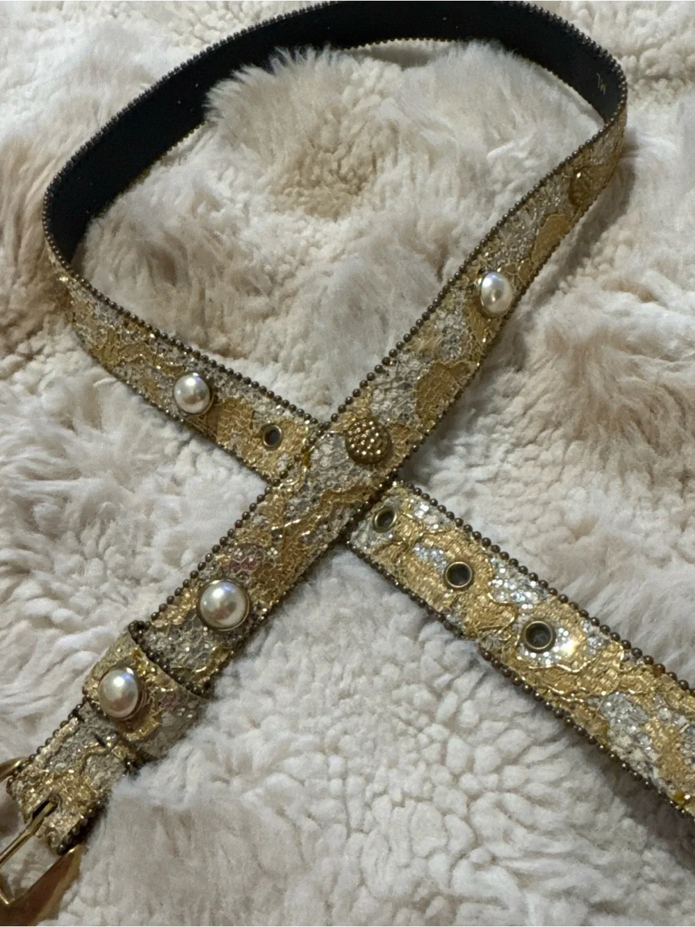 Vtg Dress Belt Women Small Coated Gold Lace Overlay Multicolor Bead Edge Brass